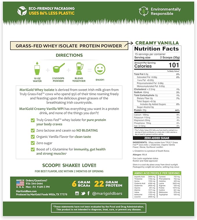 MariGold Grass-fed Whey Protein Isolate Powder - Creamy Vanilla Flavor - 1 Lb Bag | 100% Pure Cold-Processed Micro-Filtered Undenatured Non-GMO rBGH Free Soy Free Gluten Free Lactose Free