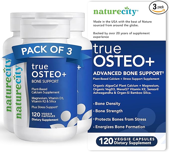 NatureCity True-Osteo+ Bone Support with Ashwagandha – for Strength &amp Density – Plant-Based Calcium with Organic AlgaeCal Magnesium Vitamin D3 K2 Silicon &amp Stress Support | 360 Veggie Caps