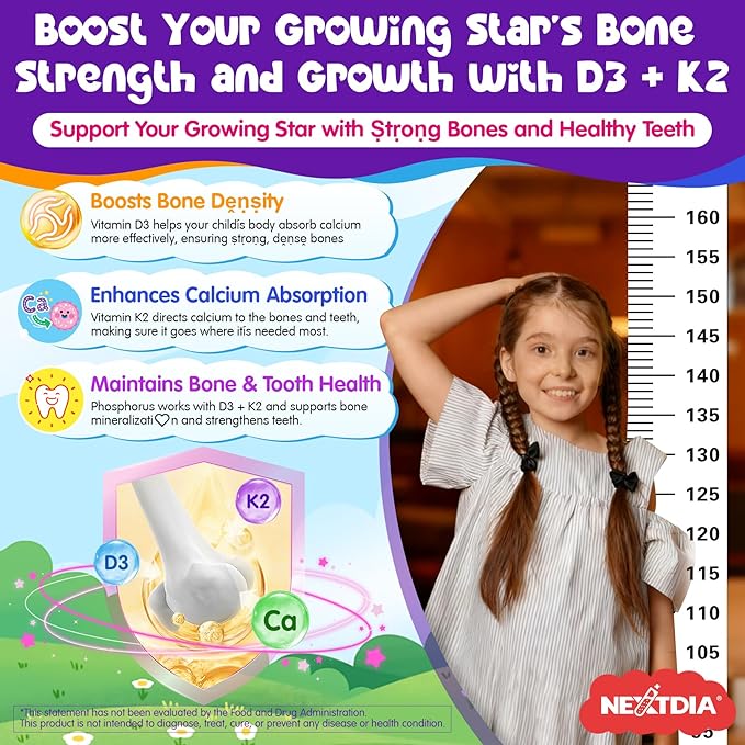 Kids Calcium Soft Chews + D3 &amp K2 for 9+ Calcium Gummies with Calcium Citrate &amp Red Algae Calcium Lion's Mane Omega-3 Magnesium for Bone Health Teeth Energy Brain &amp Mṍṍd Support 60