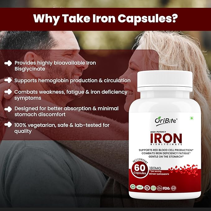 Iron Bisglycinate 180mg – High Potency Iron Supplement for Red Blood Cell Production Iron Deficiency &amp Energy Support – Gentle on Stomach Non-GMO Gluten Free 60 Veg Capsules