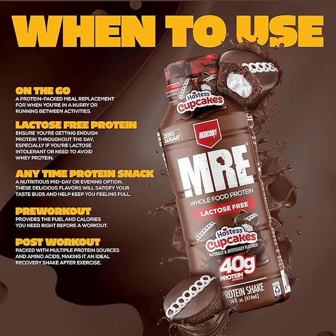 REDCON1 MRE Ready to Drink Protein Shakes Hostess™ Cupcakes - Lactose Free RTD Protein Made with Real Whole Food Protein Blends - Easy to Digest Nutritional Shake (12 Pack)