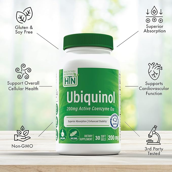 Health Thru Nutrition Ubiquinol 200mg 30 Softgels as Kaneka QH Reduced CoQ-10 | Stabilized - 3rd Party Tested | Enhanced Bioavailability | Cardiovascular &amp Mitochondria Function Support | Non-GMO