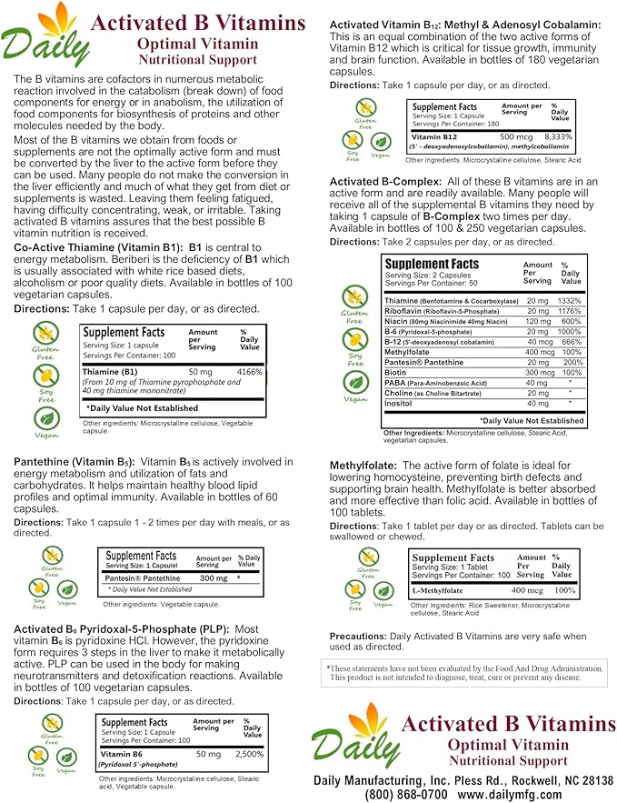 Daily Manufacturing Activated B-Complex (Activated Forms of Multi B Vitamins) 250 Capules
