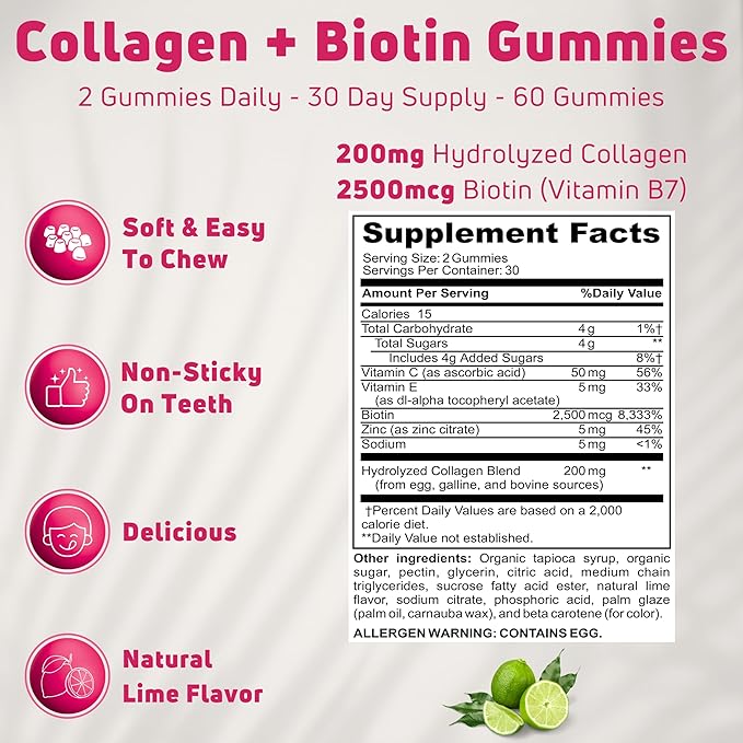 Hydrolyzed Collagen Gummies for Women &amp Men Hair Skin and Nails Support Biotin Collagen Gummies with Vitamins C E &amp Zinc Biotin 2500mcg Lime Flavor Gluten Free Non-GMO 60 Gummies