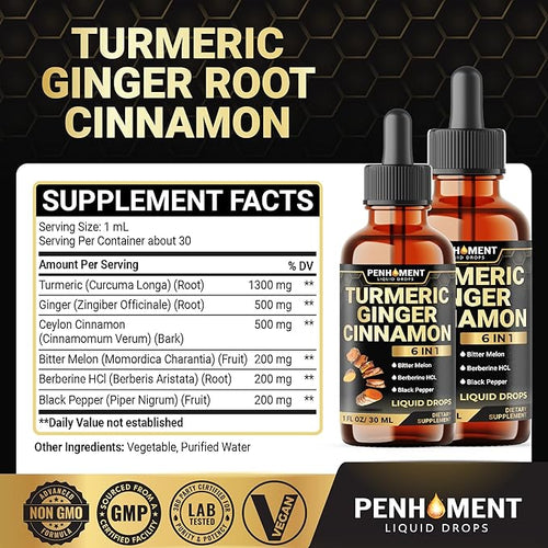 6in1 Liquid Turmeric Curcumin with Ginger Berberine Ceylon Cinnamon Bitter Melon Black Pepper - Drops Extract for Joint Support - 2Packs of 1 Fl Oz