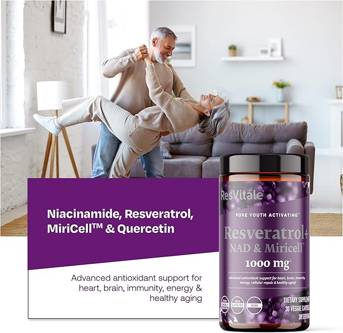 ResVitále Resveratrol + NAD &amp Miricell 1000 mg - Advanced Antioxidant Support for Brain Heart Energy &amp More - 30 Veggie Capsules (30 Servings)