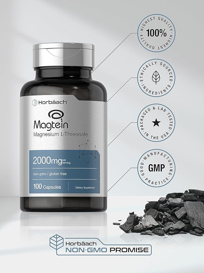 Horbäach Magtein Magnesium L-Threonate | 2000mg Supplement | 100 Capsules | for Men &amp Women | Non-GMO and Gluten Free