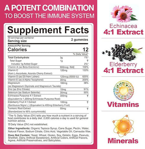 10 in 1 Immune Support Supplement Gummies w/Echinacea Elderberry Vitamin C and Zinc Selenium Vitamin D3 5000IU Magnesium Daily Immune Booster Multivitamin for Antioxidant Bone Energy 1 Pack