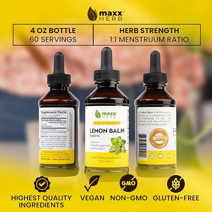 Maxx Herb Lemon Balm Extract - Max Strength Lemon Balm Tincture Absorbs Better Than Lemon Balm Capsule for Nervous System Support and Stress Relief - 4 Bottles 4 Oz Each (240 Servings)