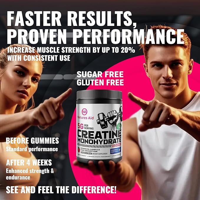 Natures Aid NSF Certified Creatine Gummy 5g - Creatine Monohydrate Gummies – Pre-Workout Energy &amp Muscle Growth Support for Men &amp Women | Raspberry Electrolyte Gummies (135 Count)