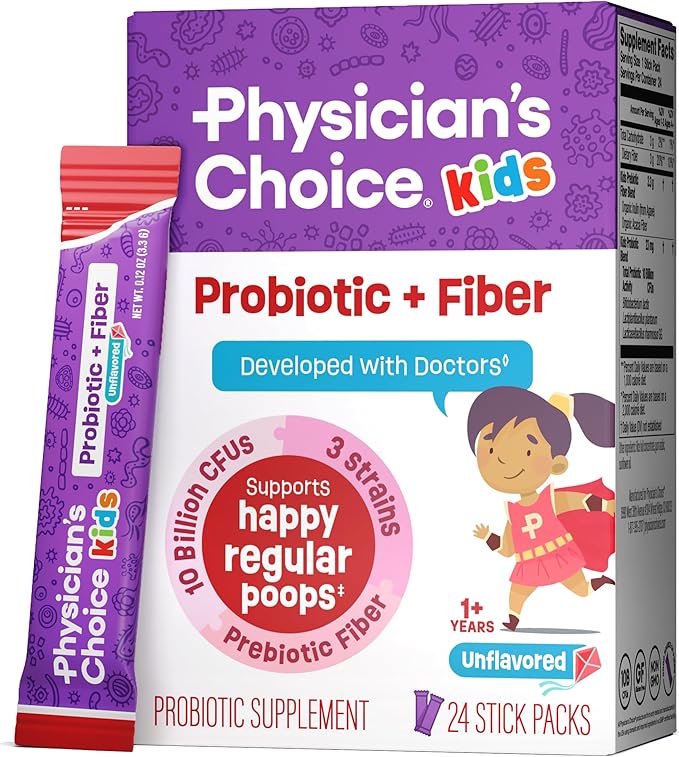 Physician's Choice Kids Probiotic + Prebiotic Fiber Packets (Ages 1+) - Supports Regularity Occasional Constipation &amp A Healthy Digestive System - No Allergens or Preservatives - Unflavored - 24
