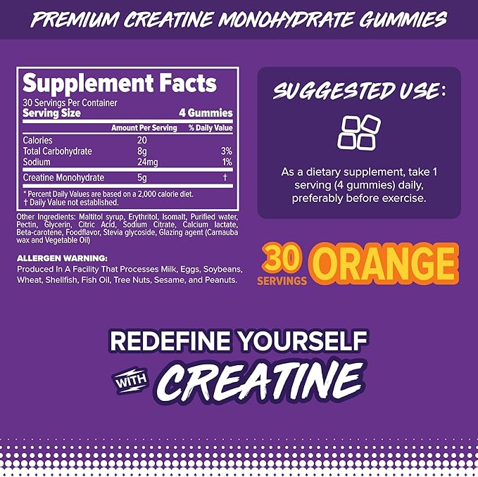 FINAFLEX Creatine Gummies - 120 Gummies - Orange Flavor - Promotes Muscular Strength Size &amp Performance - 5g of Creatine Monohydrate Per Serving - 30 Servings