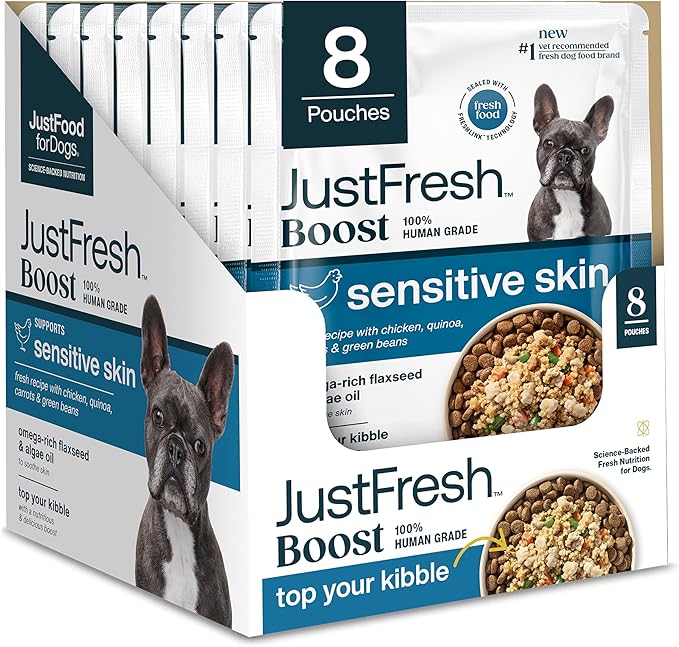 JustFoodForDogs JustFresh Boost Sensitive Skin Dog Food Topper for Immune Support and Healthy Coat Human-Grade Fresh Pet Meal Booster 8 oz Pouches - 8 Pack