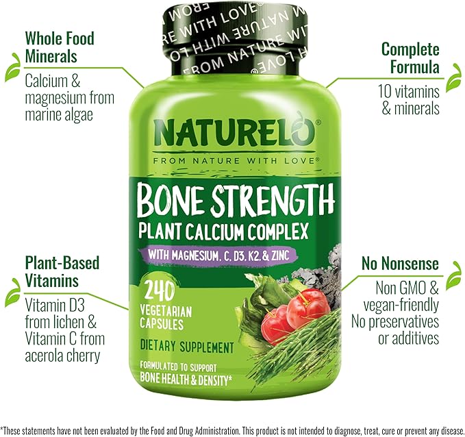 NATURELO Calcium Supplement - for Bone Strength with Calcium 600mg - 240 Vegetarian Capsules and One Daily Multivitamin for Women 50+ (Iron Free) - 120 Capsules - 4 Month Supply Bundle