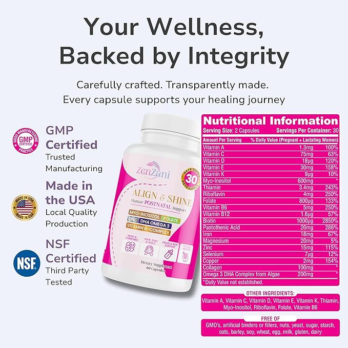 Align &amp Shine Postnatal Vitamins for Women - DHA Iron Folate Vitamin B12 &amp Myo-Inositol | Postpartum Recovery - Breastfeeding Friendly - 1 Month Supply (60 Capsules)