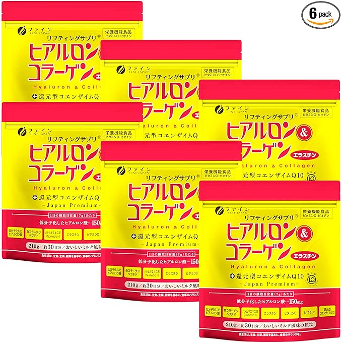 FINE Japan Collagen Peptides. Hyaluronic &amp Collagen + Ubiquinol. Marine Collagen Powder with Elastin. Non-GMO. Supports Skin Hair Joints and Bones. (210g/7.4oz x Approx. 28 Days Course) Set of 6