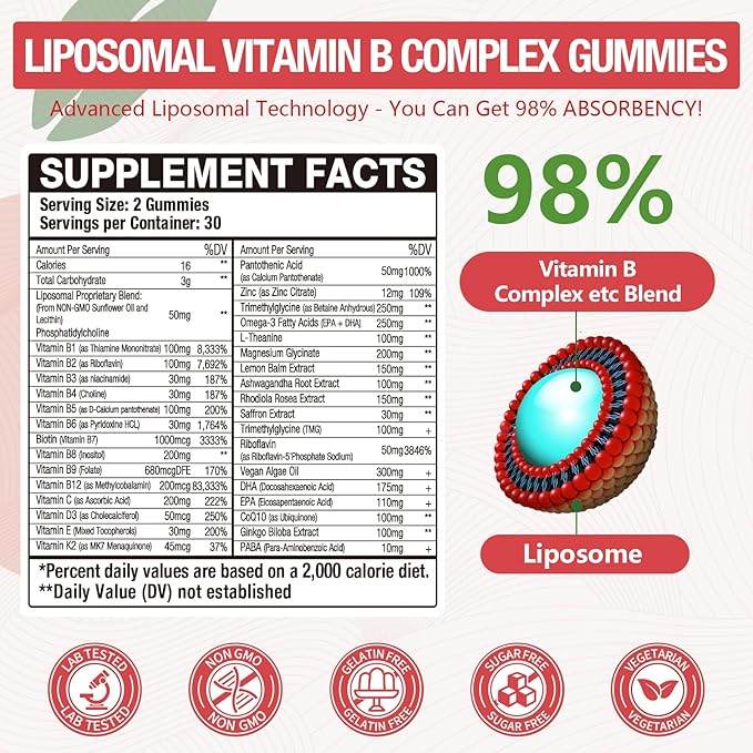 2 Pack 33-in-1 Liposomal Vitamin B Complex Gummies -B1 B2 B3 B4 B5 B6 B7 B8 B9B12 | Vitamin C D3K2|CalciumMagnesiunZinc etc.for Energy BrainImmuneSkin Support &ampHeart Support