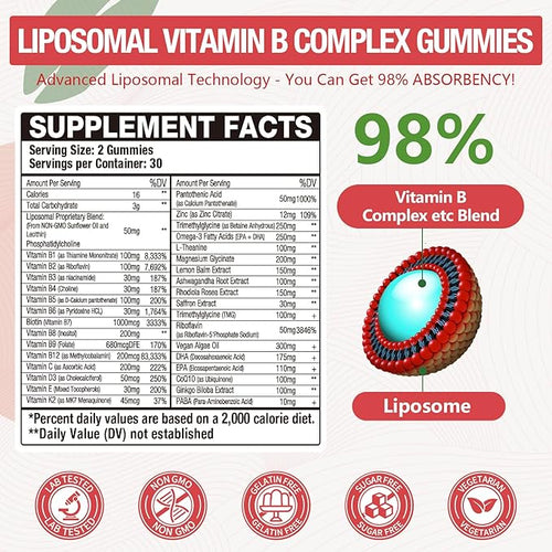 2 Pack 33-in-1 Liposomal Vitamin B Complex Gummies -B1 B2 B3 B4 B5 B6 B7 B8 B9B12 | Vitamin C D3K2|CalciumMagnesiunZinc etc.for Energy BrainImmuneSkin Support &ampHeart Support