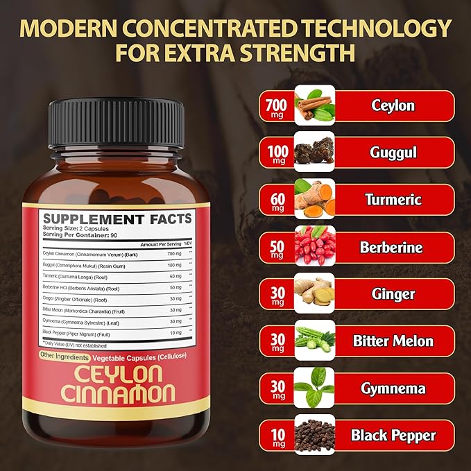 Premium Ceylon Cinnamon with Berberine Supplement - 8in1 Turmeric Ginger Gymnema &amp More - Body Heart &amp Overall Vitality - 180 Capsules