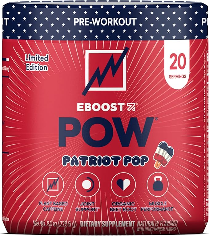 EBOOST POW Natural Pre Workout Powder - 20 Servings - Patriot Pop - Pre Workout Supplement for Performance Joint Mobility Support Energy Focus - Men &amp Women - Non-GMO Gluten-Free No Creatine