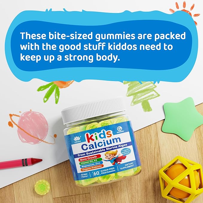 2 Pack - Calcium for Kids 400mg Sugar Free Kids Calcium Gummies w/Vitamin D3 K2 Magnesium Zinc Extra Absorption Algae Calcium for Children Bone Strength Development Chewable Kids Vitamins Vegan