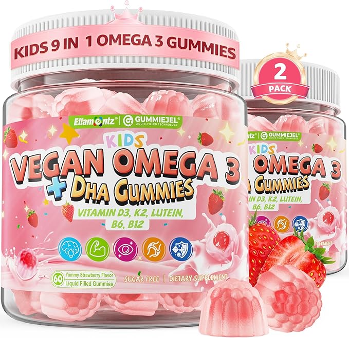 2 Pack Magnesium Citrate Gummies 500mg for Women Men Sugar-Free + Omega 3 Gummies for Kids 4+ with DHA Vitamin D3 K2