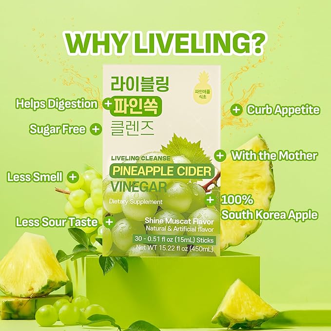 [Liveling] Pineapple Cider Vinegar Drink Stick &amp 3-in-1 Shot with ACV – ShineMuscat Flavor | Supports Digestion Daily Cleanse Sugar-Free Low-Calorie Portable On-The-Go Packets (30 sticks)