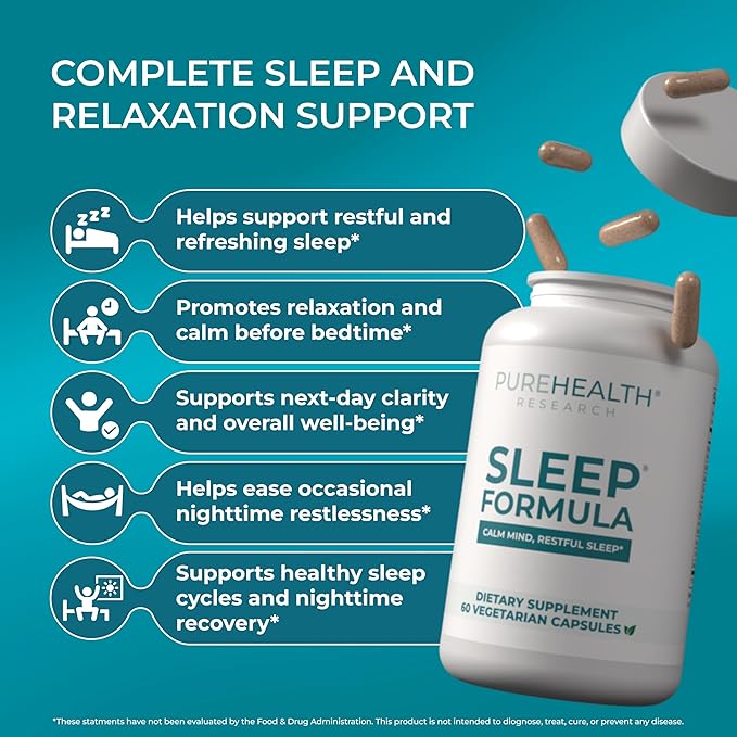 PUREHEALTH Research Sleep Formula - Natural Sleep Support Supplement for Adults - for Restfulness &amp Relaxation - with Melatonin Valerian Root GABA L-Theanine Lemon Balm Hops &amp More - 60 C