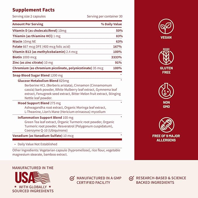 Snap Supplements Blood Sugar Blend with Berberine CoQ10 Cinnamon and Gymnema to Support Already Healthy Blood Sugar Metabolic Health and Energy Sugar Free 60 Capsules 3-Pack (Packaging May Vary)