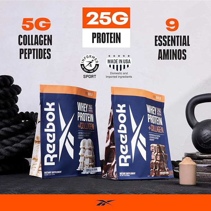 Reebok REEbuild Whey Protein + Collagen Bundle | Vanilla Ice Cream &amp Chocolate Fudge | 25G Protein Joint Health | Complete Protein System | Multi-Flavor Bundle