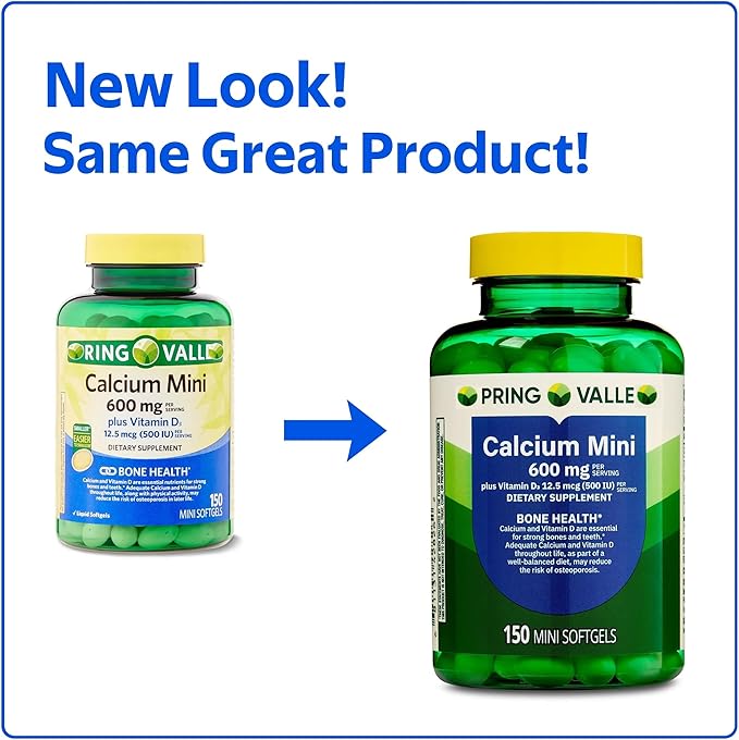 Spring Valley Calcium 600 mg with Vitamin D3 Supplement – 150 Mini Softgels Easy to Swallow Calcium Softgels Bone &amp Teeth Support Gluten Free Daily Calcium Supplement for Adults