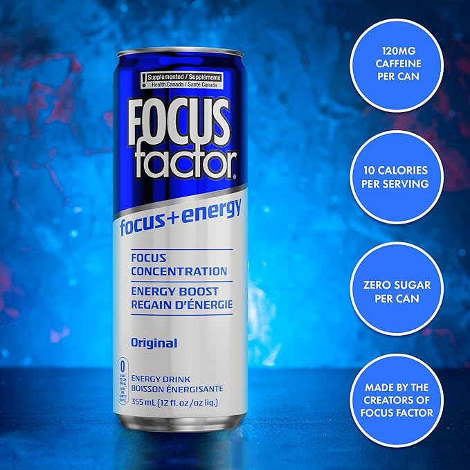 Focus Factor Energy Drink - 12 x 355ml Cans (Original Flavour) - with Focus + Energy - Lightly Carbonated Sugar Free Low Calorie with Vitamin B6 &amp Vitamin B12