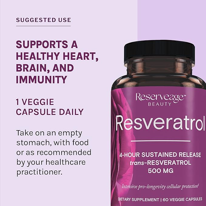 Reserveage Beauty Resveratrol 500 MG Trans-Resveratrol Antioxidant Supplement for Heart and Cellular Health Supports Healthy Aging and Immune System Paleo Keto (120 Capsules 120 Servings)