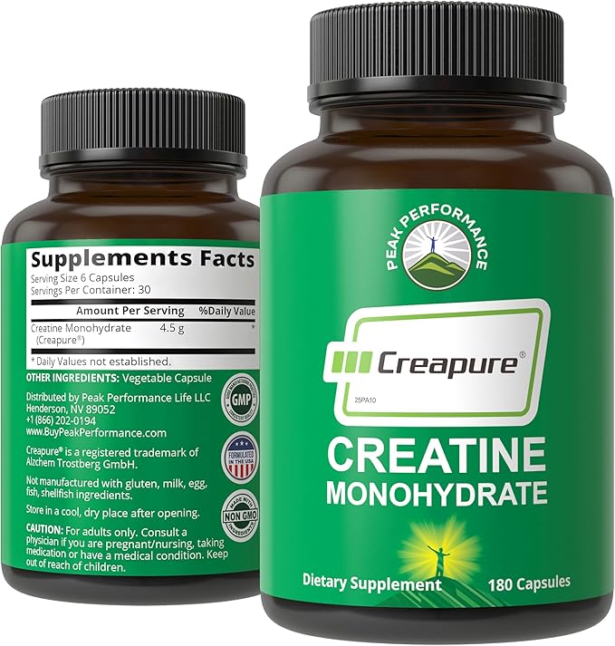 Creapure Creatine Monohydrate 180 Capsules - Ultra High Purity German Made Creatine with Nothing Added at All - Pure Unflavored Pills for Men &amp Women - No Sugar Non-GMO Vegan Friendly Supplement