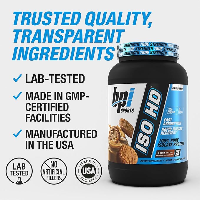 BPI Sports ISO HD Isolate Protein Powder – 100% Whey Isolate Protein Powder for Muscle Gain - Cookie Butter - 1.6 Lb - 23 Servings