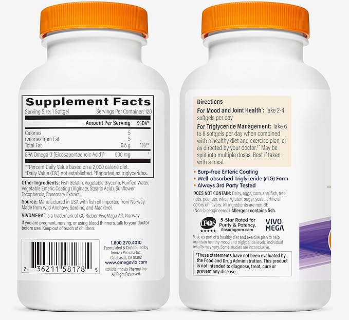 OmegaVia EPA 500 Purified Omega-3 Fish Oil Supplement 500 mg EPA in Triglyceride Form Burpless Fish Oil Non-GMO Gluten-Free IFOS 5-Star 120 Softgels