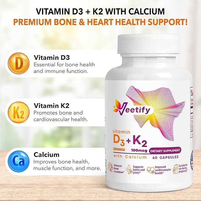Vitamin D3 (5000 IU) + K2 (100 mcg as MK-7) with Calcium – High Absorption Supplement for Bone Heart &amp Immune Health – 60 Veggie Capsules