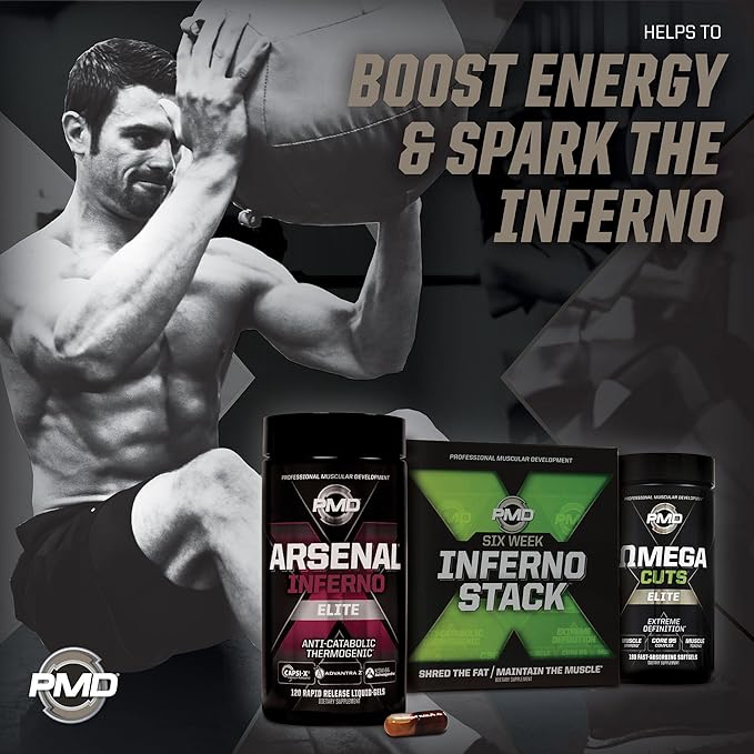 PMD Sports Six Week Inferno Stack - Maximum Strength Fat Burner and CLA Omega Fatty Acid to Lose Fat Fast and Increase Muscle Tone - Arsenal X Inferno/120 Liquid Gels Omega Cuts Elite/180 Softgels