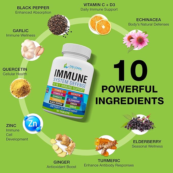 10 in 1 Immune System Support Supplement - Vitamin C (1000 mg) Quercetin Vitamin D3 (5000iu) Zinc (40 mg) Elderberry Echinacea Turmeric Ginger Garlic Black Pepper
