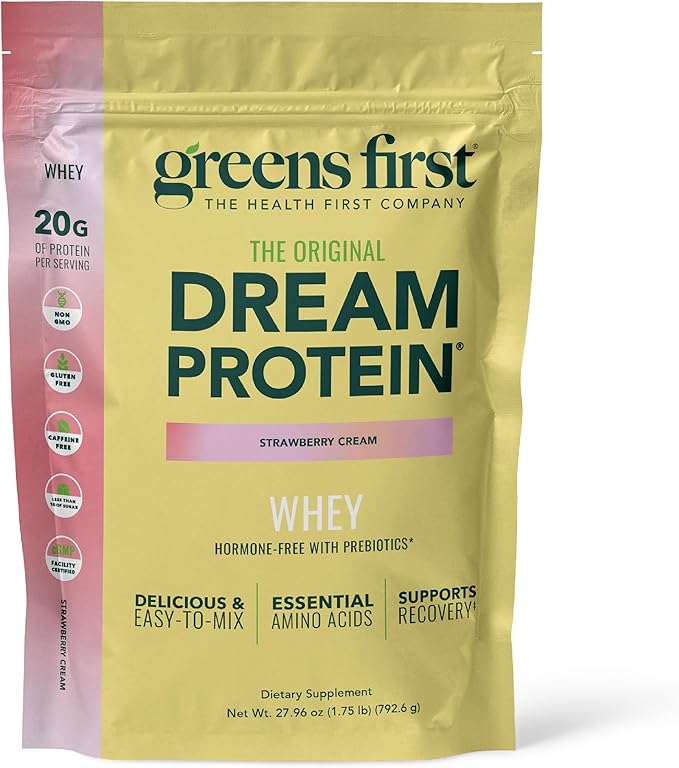Greens First Dream Protein Powder Whey - 20g Protein Per Serving - Hormone-Free with Prebiotics - Non-GMO - No Artificial Sweeteners/MSG/Aspartame (Strawberry Cream 27.96 oz)