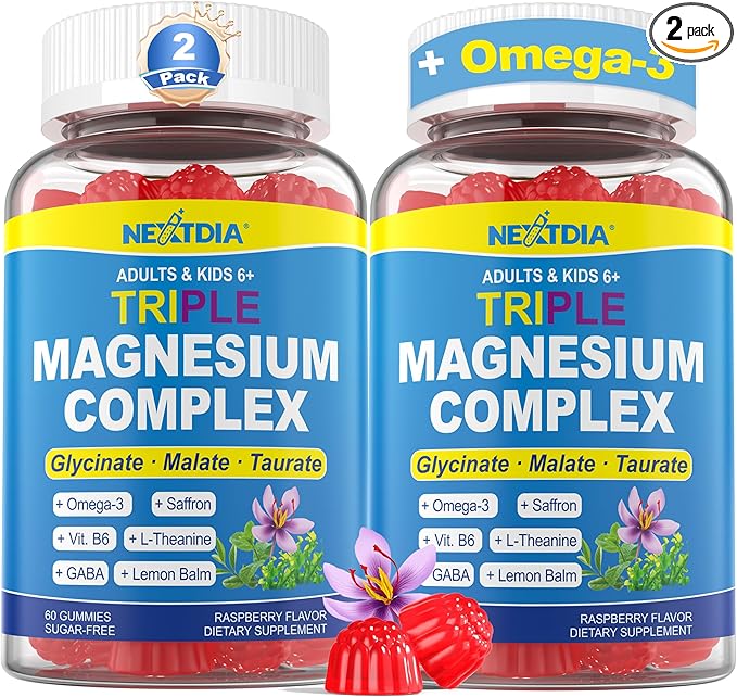 Magnesium Glycinate Gummies + Omega-3 Saffron for Kids 6+ &amp Adults Kids Focus Calm Magnesium Gummies Sugar Free Triple Magnesium Complex 500mg/250mg - Glycinate Malate Taurate Theanine