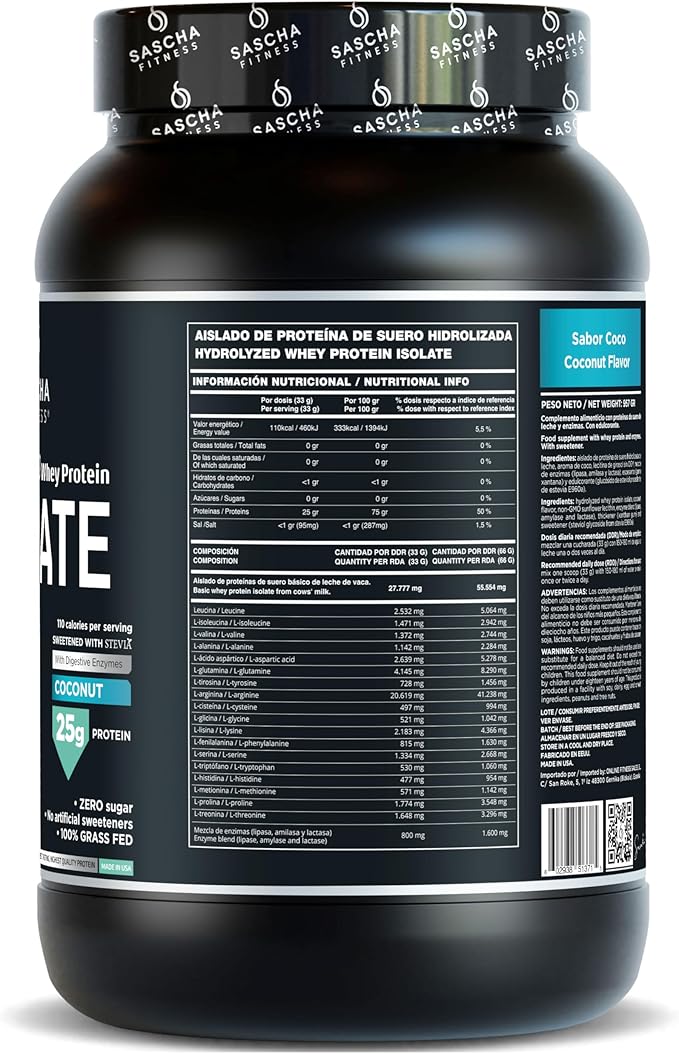 SASCHA FITNESS Hydrolyzed Whey Protein Isolate100% Grass-Fed (2 Pounds Coconut)