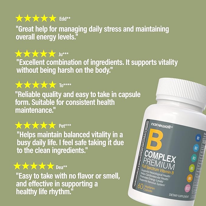NANOWELL B Complex Premium(12BOXES) - Full Spectrum of B Vitamins for Energy Heart &amp Immune Support - B-Complex Supplement with Adaptogens - 60 Capsules 60-Day Supply X12