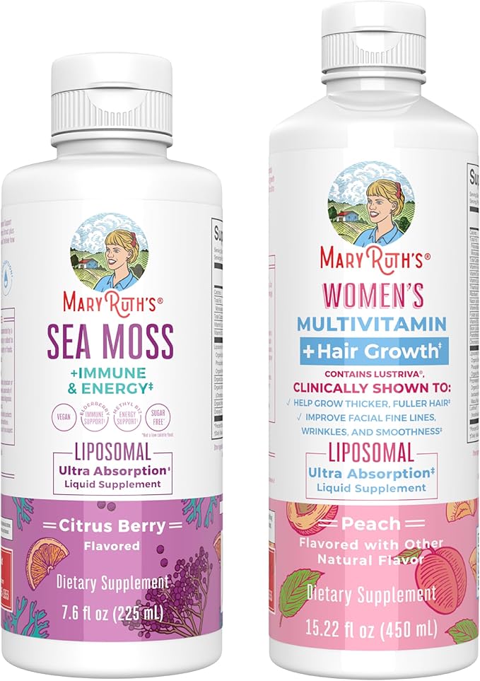 MaryRuth Organics Sea Moss Liposomal (Citrus Berry) &amp Women's Multivitamin + Hair Growth (Peach) | Clean Label Project Verified® | Vitamins for Energy Beauty &amp Immunity | Vegan Non-GMO