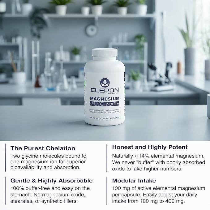 Magnesium Glycinate - 100% Chelated for High Absorption - 180 Capsules - 100mg Elemental Magnesium per Capsule - Relaxation Muscle Cramps Relief &amp Sleep Support - 3rd Party Tested Vegan