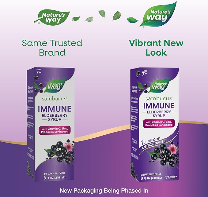 Nature's Way Sambucus Immune Elderberry Syrup Elderberry extract Vitamin C and Zinc with Propolis &amp Echinacea for Immune Support* with Superfood Antioxidants(1) 8 Fl Oz (Packaging May Vary)