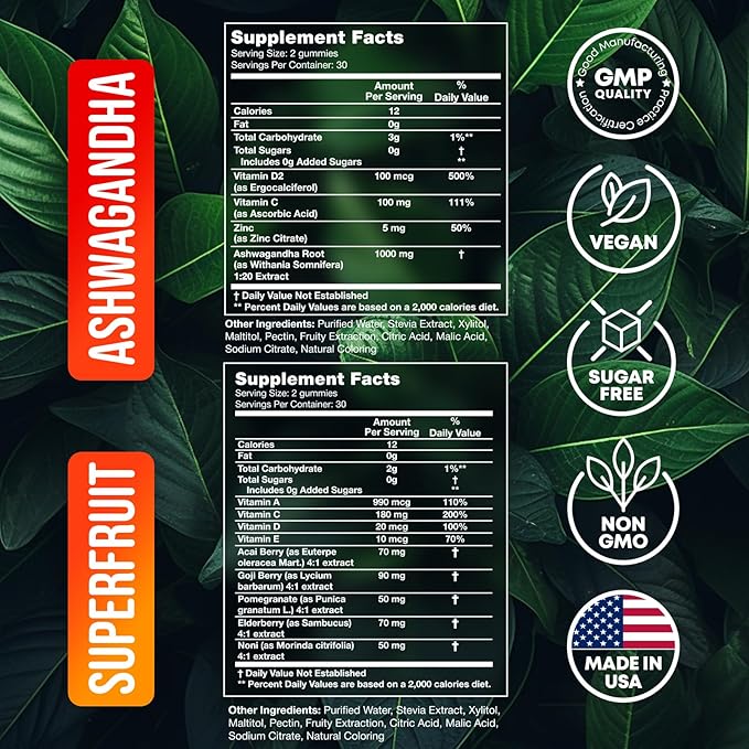 Joyli Ashwagandha &amp Superfruit Gummies Bundle – Mind &amp Body Balance + Daily Wellness Support – Vegan Multivitamin Formula with Goji Elderberry Vitamin C D &amp Zinc – 2 Pack for Adults