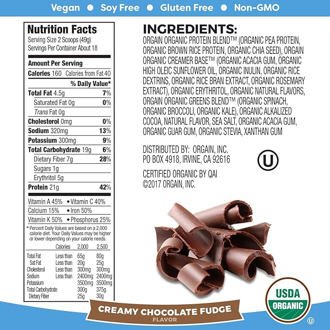 Orgain Organic Vegan Protein Powder + Greens Creamy Chocolate Fudge (1.94lb) and Organic Vegan Protein Powder Peanut Butter (2.03lb) Bundle