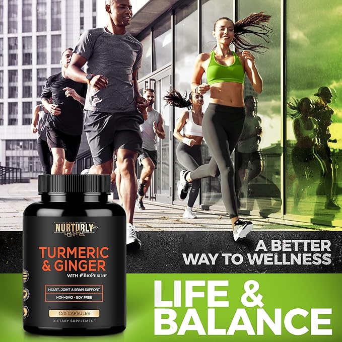Vitamin B Complex and Turmeric Curcumin with BioPerine &amp Ginger - Contains All Essential B Vitamins - B1 B2 B3 B5 B6 B7 B9 B12 and Biotin - High Absorption Turmeric Supplements