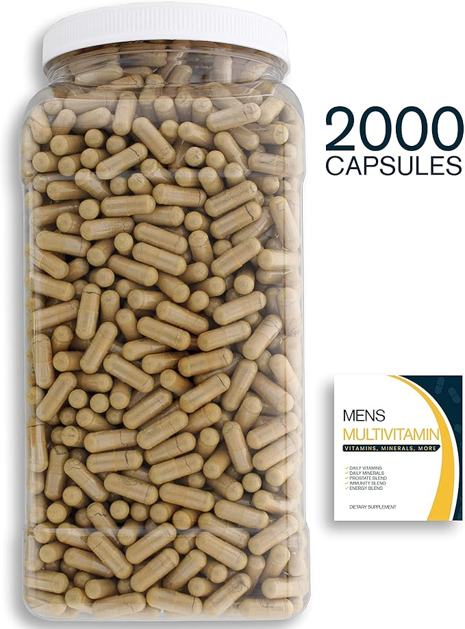 Daily Multivitamin &amp Men's Health Blend - 2000 Capsules of Vitamins Minerals Mens Health Antioxidants &amp Energy in a Clear Square Grip Jar